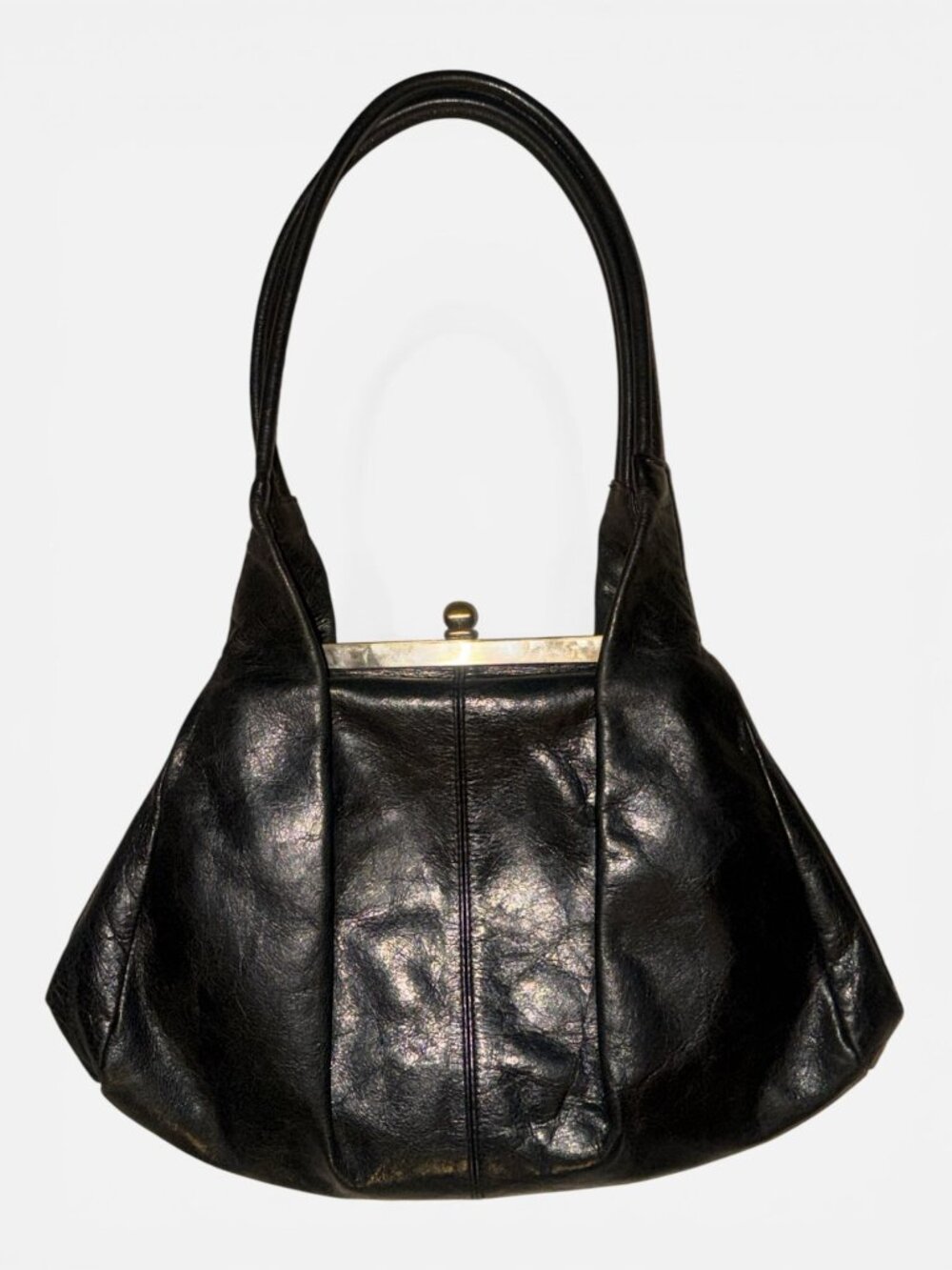 VTG HOBO Blanche Bag Black Glazed Nappa Leather Fortune Cookie Frame Satchel Y2K - Picture 4 of 10
